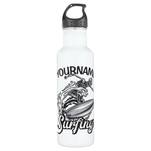 Personalized NAME Surfer Big Wave Skeleton Surfing Stainless Steel Water Bottle