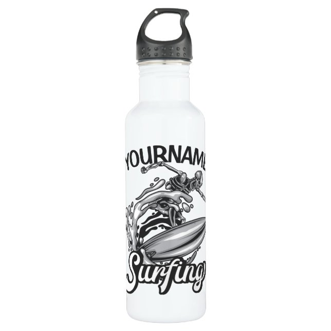 Personalized NAME Surfer Big Wave Skeleton Surfing Stainless Steel Water Bottle (Front)