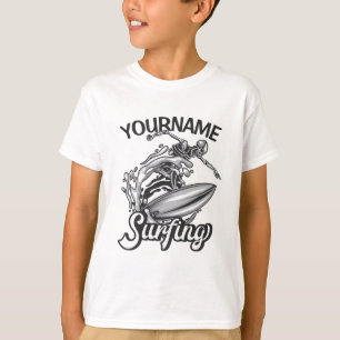 Personalized NAME Surfer Big Wave Skeleton Surfing T-Shirt