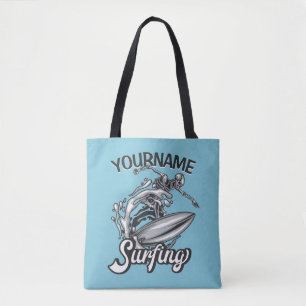 Personalized NAME Surfer Big Wave Skeleton Surfing Tote Bag