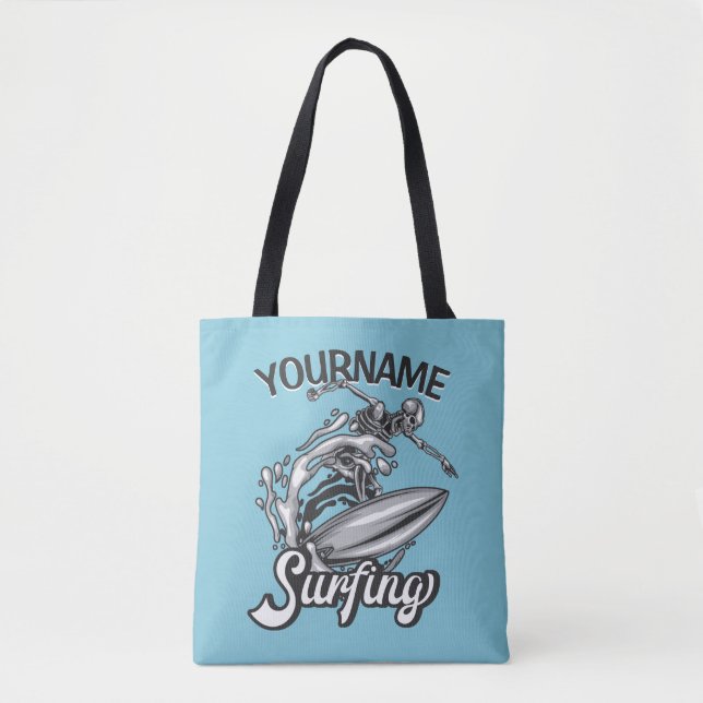 Personalized NAME Surfer Big Wave Skeleton Surfing Tote Bag (Front)