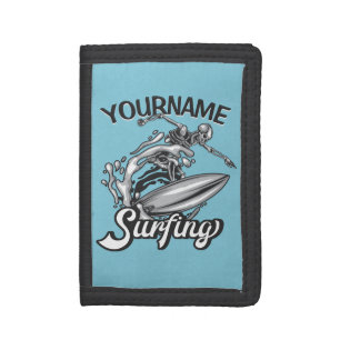 Personalized NAME Surfer Big Wave Skeleton Surfing Trifold Wallet