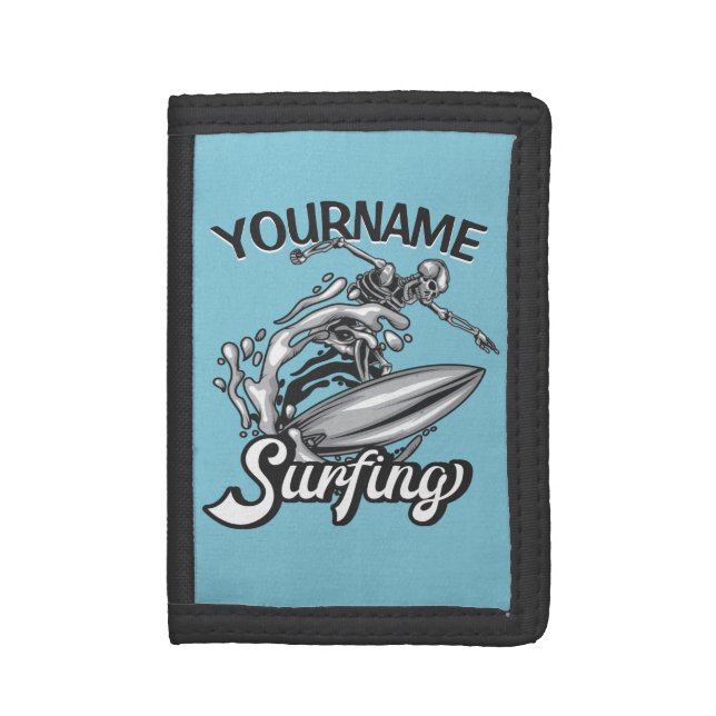 Personalized NAME Surfer Big Wave Skeleton Surfing Trifold Wallet (Front Vertical)