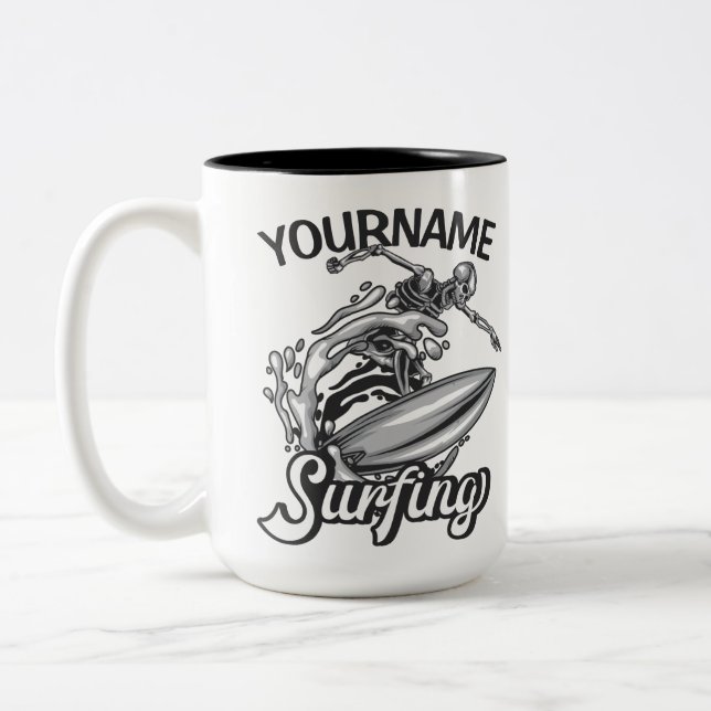 Personalized NAME Surfer Big Wave Skeleton Surfing Two-Tone Coffee Mug (Left)