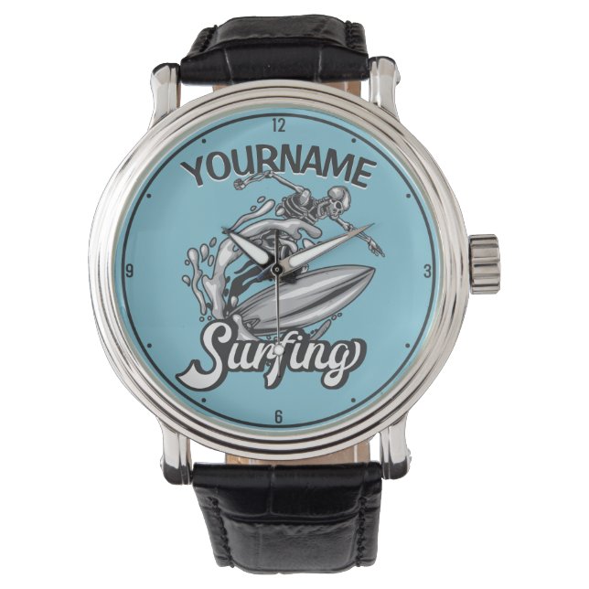 Personalized NAME Surfer Big Wave Skeleton Surfing Watch (Front)
