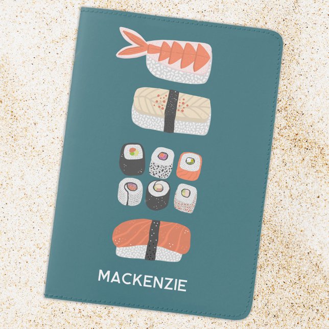 Personalized Name Sushi Japanese Food Art Passport Holder (Modern Japanese sushi art personalized custom name passport holder or cover)
