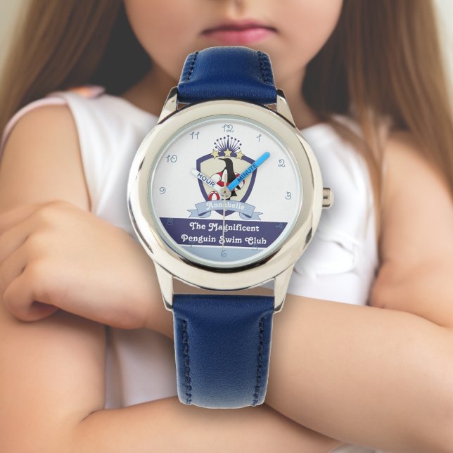 Personalized Name Swimming Club Crest Cute Penguin Watch (Creator Uploaded)