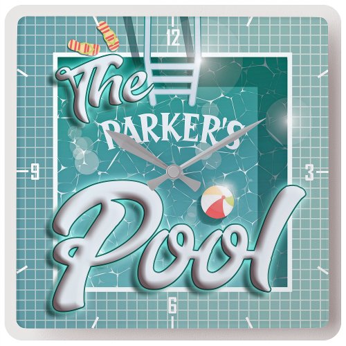 Personalized NAME Swimming Pool Splash Summer Sun Square Wall Clock