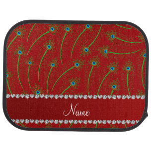 Personalized name swirly red peacock feathers car mat
