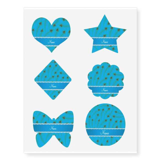 Personalized name swirly sky blue peacock feathers temporary tattoos (Front)