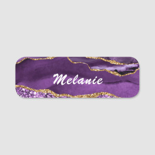 Personalized Name Tag Agate Purple Gold Glitter