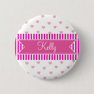 Personalized Name Tag Button, Pink Hearts Pinback Button