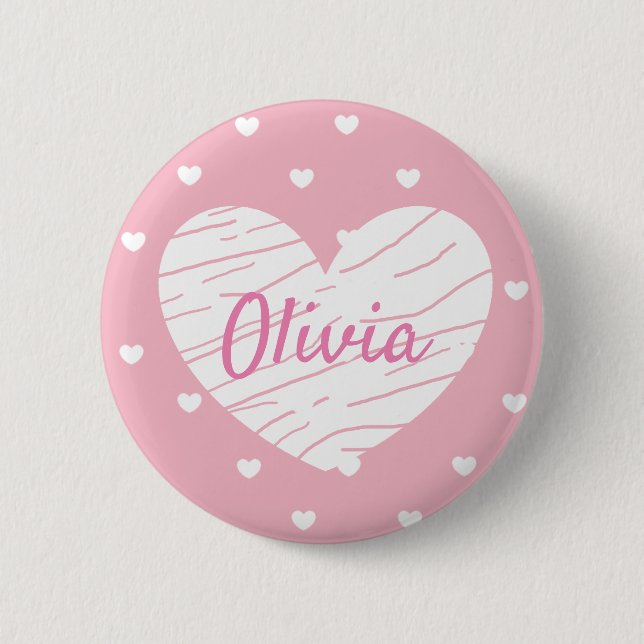 Personalized Name Tag Buttons Pink Hearts (Front)