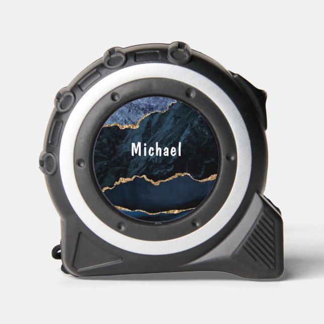 Personalized Name Tape Measure Blue Gold Marble (Front)