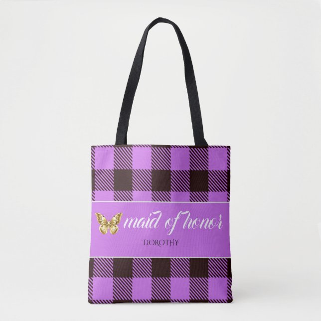Personalized Name Tartan Maid Of Honor Bridesmaid Tote Bag (Front)