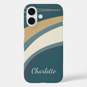 Personalized Name Teal Beige Retro Abstract Curves iPhone 16 Case