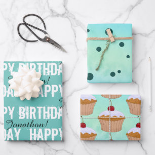 Personalized Name Teal Birthday Wrapping Paper