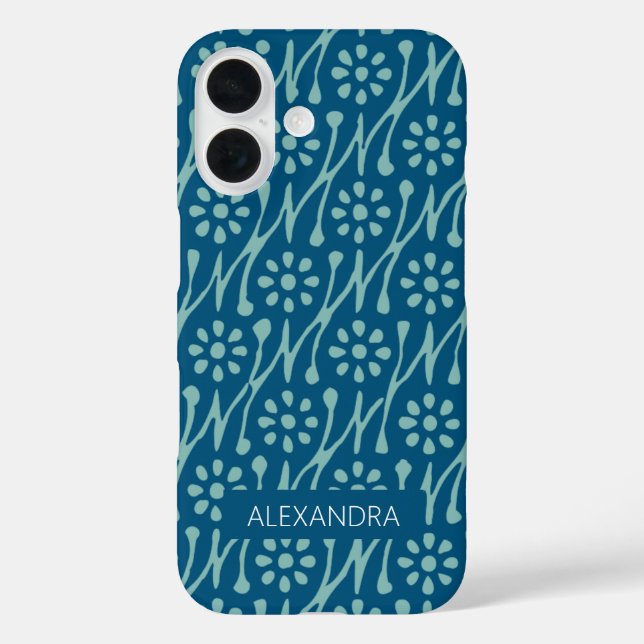 Personalized Name Teal Blue Boho Floral Retro Case-Mate iPhone Case (Back)