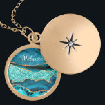 Personalized Name Teal Blue Gold Marble Necklace<br><div class="desc">Personalized Custom Name Text Necklaces with Agate Teal Blue Gold Glitter Marble Aqua Turquoise Geode Customizable Gift - Add Your Name / Text - Make Your Special Necklace Gifts ! Resize and move or remove / add text / elements with Customization tool ! Choose font / size / color !...</div>