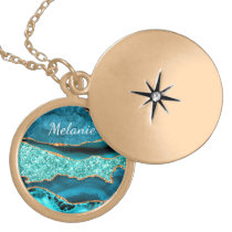 Personalized Name Teal Blue Gold Marble Necklace