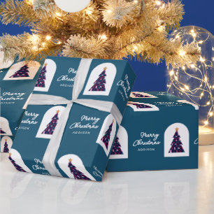 Personalized Name Teal Checkered Christmas Tree Wrapping Paper
