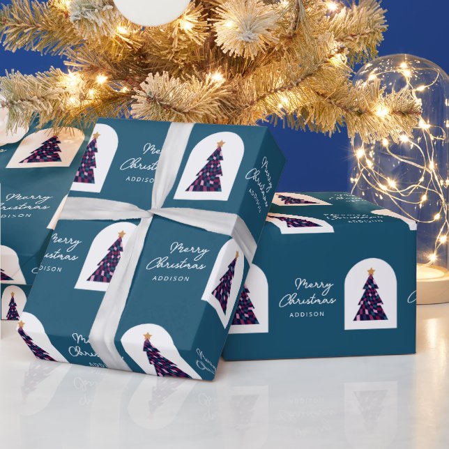 Personalized Name Teal Checkered Christmas Tree Wrapping Paper (Holidays)