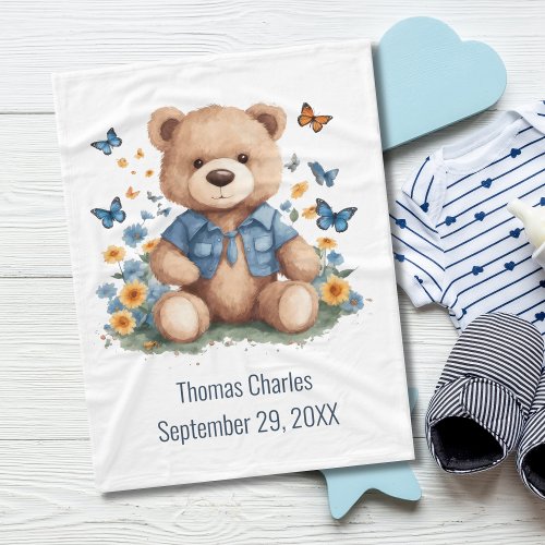 Personalized Name Teddy Bear Butterflies Baby  Fleece Blanket