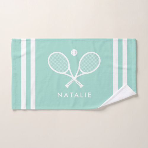 Personalized Name Tennis Aqua Blue Stripes Hand Towel