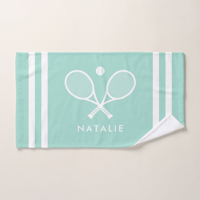 Personalized Name Tennis Aqua Blue Stripes Hand Towel (Hand Towel)