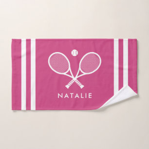 Personalized Name Tennis Magenta Pink Stripes Hand Towel