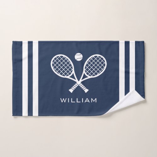 Personalized Name Tennis Navy Blue Stripes  Hand Towel