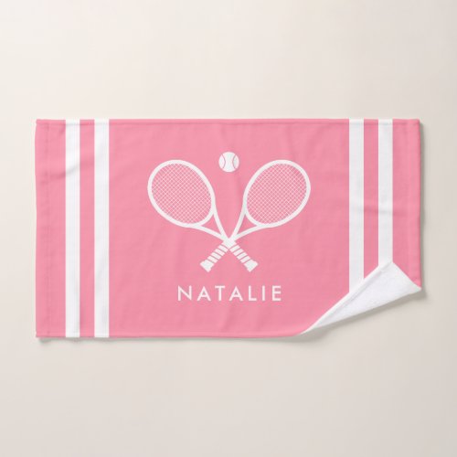 Personalized Name Tennis Pink Stripes Hand Towel
