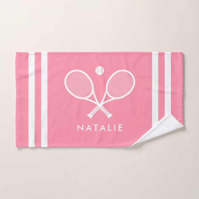 Personalized Name Tennis Pink Stripes Hand Towel (Hand Towel)