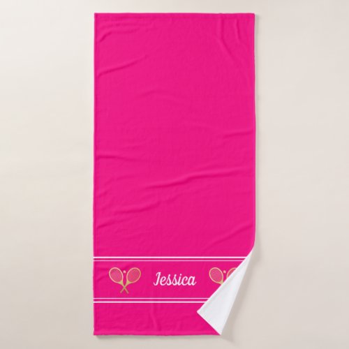 Personalized Name Tennis Player Bright Pink Bath Towel