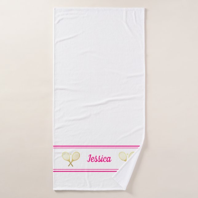 Personalized Name Tennis Player Bright Pink White Bath Towel (Bath Towel)
