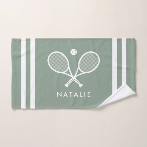 Personalized Name Tennis Sage Green Stripes Hand Towel