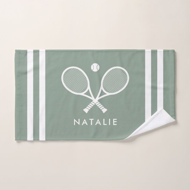 Personalized Name Tennis Sage Green Stripes Hand Towel (Hand Towel)