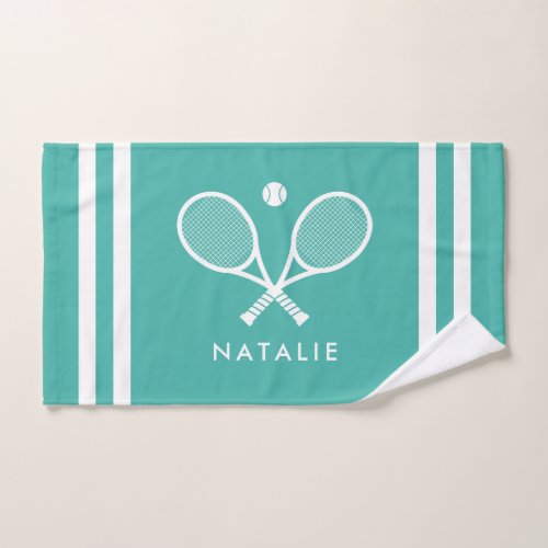 Personalized Name Tennis Turquoise Blue Stripes Hand Towel
