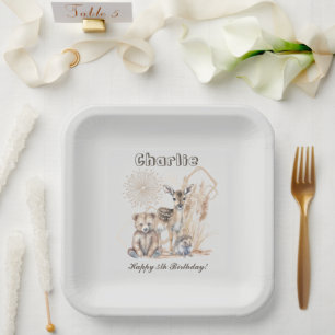 Personalized Name Text Boho Woodland Forest Animal Paper Plates