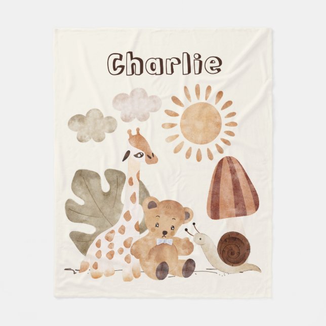 Personalized Name Text Boho Woodland Jungle Animal Fleece Blanket (Front)
