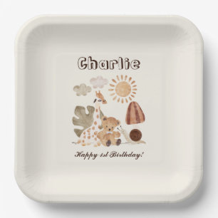 Personalized Name Text Boho Woodland Jungle Animal Paper Plates