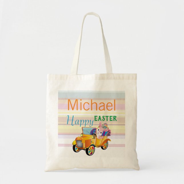 Personalized Name Text Easter Bunny Car Tote Bag (Front)