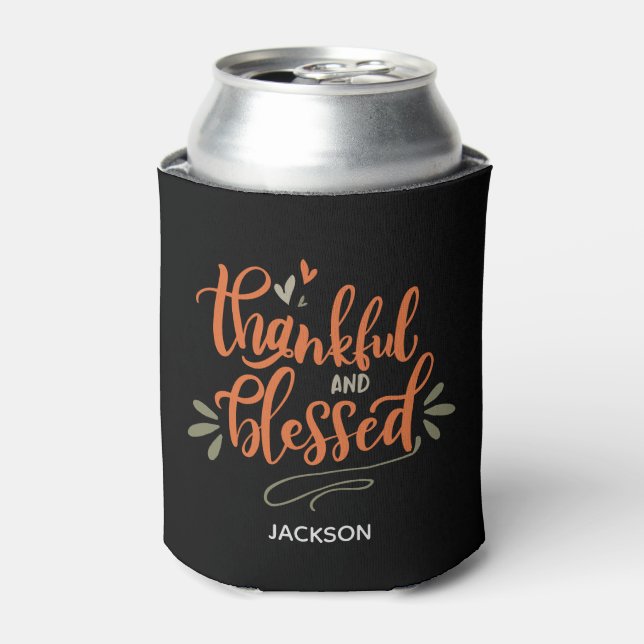 Personalized Name Thankful & Blessed Thanksgiving Can Cooler (Can Front)