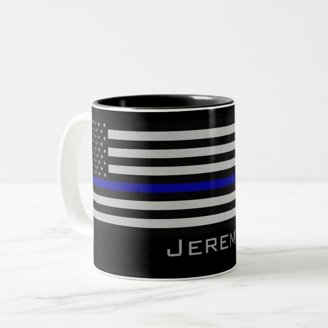 Personalized Name Thin Blue Line Flag Two-Tone Coffee Mug (Front Left)