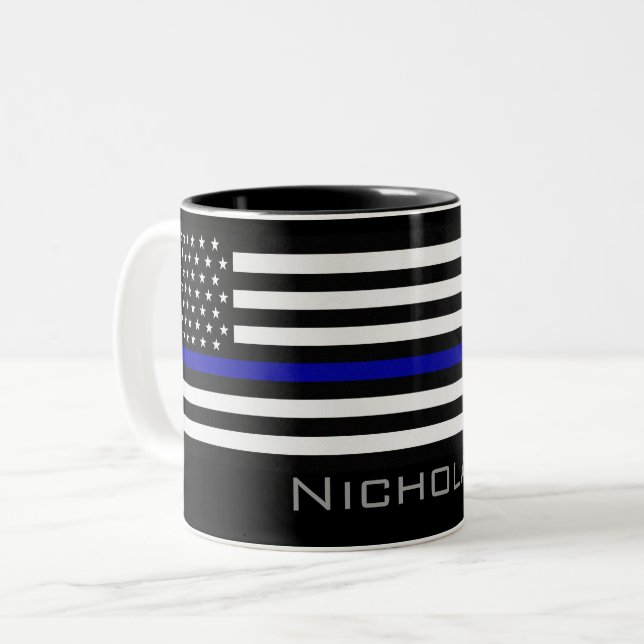 Personalized Name Thin Blue Line Flag Two-Tone Coffee Mug (Front Left)