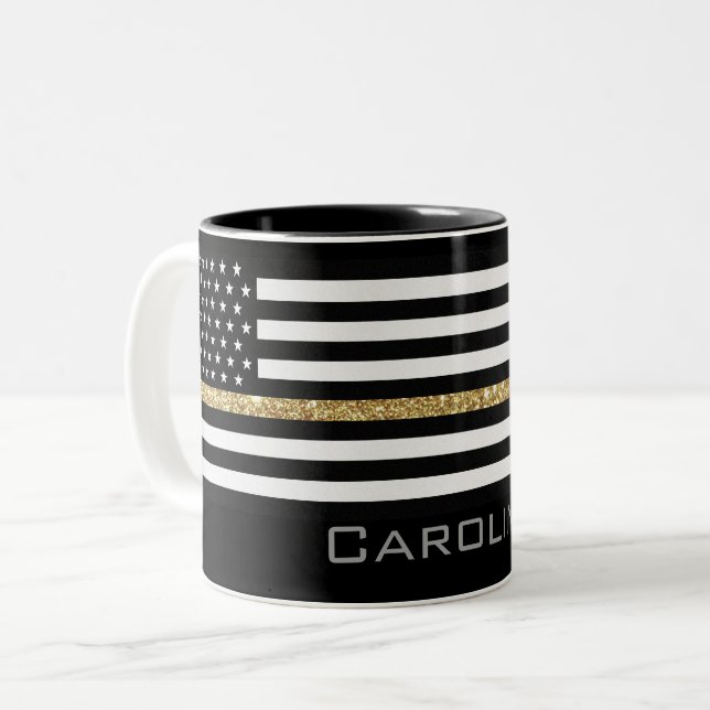 Personalized Name Thin Gold Line Glitter Flag Two-Tone Coffee Mug (Front Left)