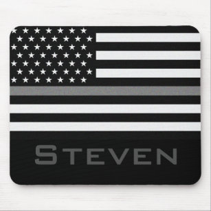 Personalized Name Thin Gray Line Flag Mouse Pad