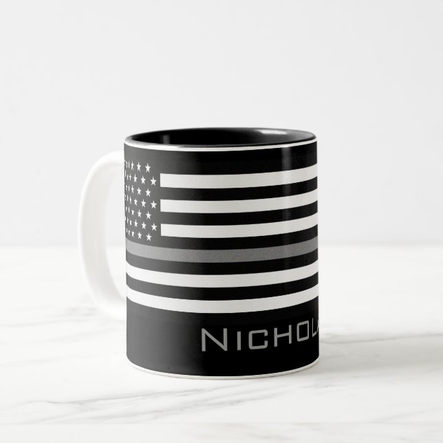 Personalized Name Thin Gray Line Flag Two-Tone Coffee Mug (Front Left)