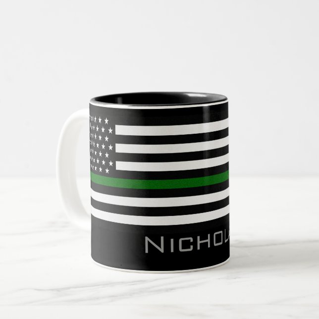 Personalized Name Thin Green Line Flag Two-Tone Coffee Mug (Front Left)