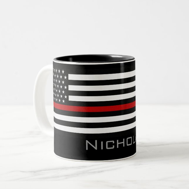 Personalized Name Thin Red Line Flag Two-Tone Coffee Mug (Front Left)